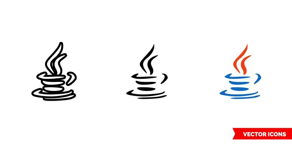 Java symbol icon of 3 types color, black and white, outline. Isolated vector Illustrazione stock