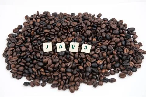 JAVA white cube text on white background AND coffee beans background Stock Photos