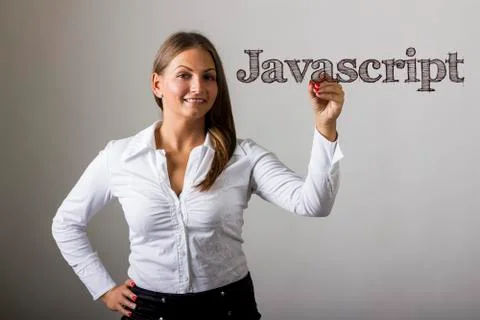 Javascript - Beautiful girl writing on transparent surface Stock-Fotos