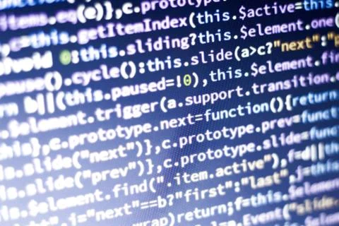 Javascript code. Abstract screen of web developer with glowing code. Foto stock