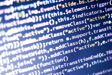 Javascript code. Abstract screen of web developer with glowing code. Foto stock