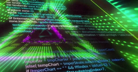 JavaScript code lines floating over neon green radial beams within glowing Stock Footage 309101146