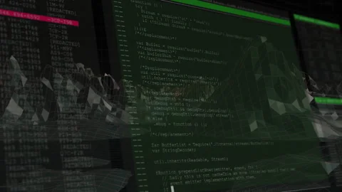 JavaScript code overlay showing 3D wireframe terrain, with red and green Stock Footage 308655251