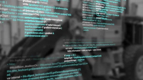 JavaScript code overlaying blurred monochrome office scene, showing bike leaning Stock Footage 308656023
