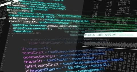 JavaScript code scrolling across dark screen while encryption panel processing Stock Footage 309109919