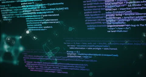 JavaScript code snippets floating over dark teal scene, showing network nodes Stock Footage 308676657
