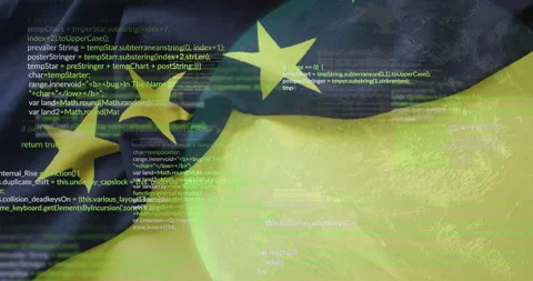 JavaScript code snippets overlaying stylized European Union flag motif, flat Stock Footage 309287969