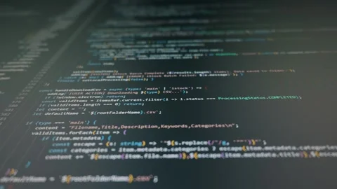 Javascript programming code scrolling vertically on a dark monitor display. Stock Footage 329485802