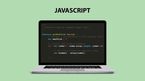 Javascript programming language illustration with laptop and java script code Stock Illustration