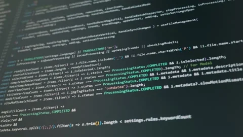 Javascript React Code Scrolling On Dark Computer Screen Interface Stock Footage 329485136