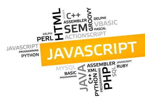 JAVASCRIPT word cloud, tag cloud, vector graphic - programming concept Illustrazione stock