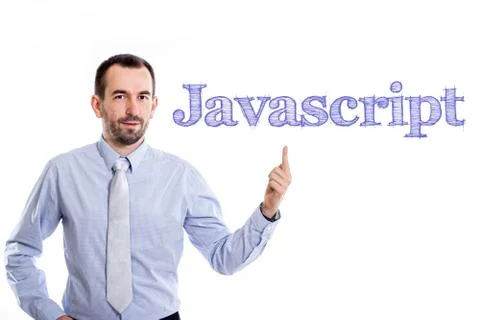 Javascript - Young businessman with small beard pointing up in blue shirt 写真素材