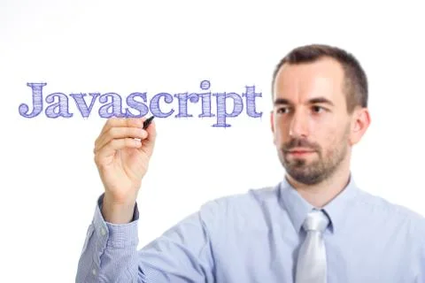 Javascript - Young businessman writing blue text on transparent surface Stock-Fotos