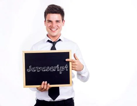 Javascript - Young smiling businessman holding chalkboard with text Stock-Fotos