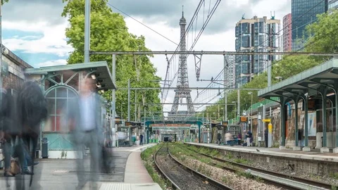 Javel train station with Eiffel tower on background timelapse. Paris, France Stock Footage