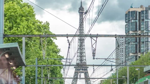 Javel train station with Eiffel tower on background timelapse. Paris, France Video stock 236870096
