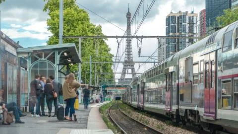 Javel train station with Eiffel tower on background timelapse. Paris, France Stock Photos