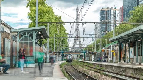 Javel train station with Eiffel tower on background timelapse. Paris, France Stock Photos