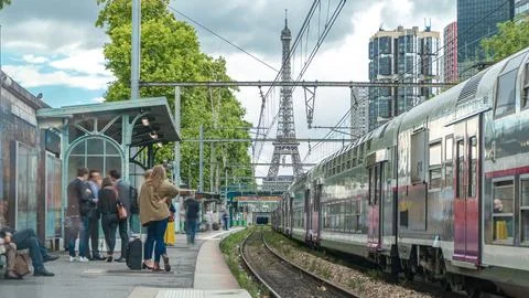 Javel train station with Eiffel tower on background timelapse. Paris, France Stock Photos