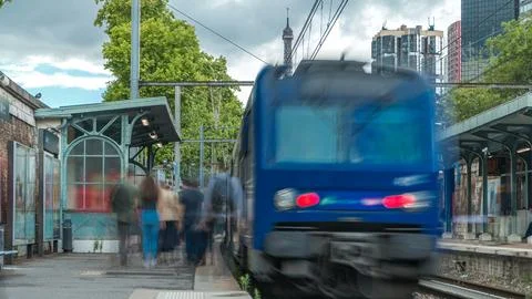 Javel train station with Eiffel tower on background timelapse. Paris, France Stock Photos