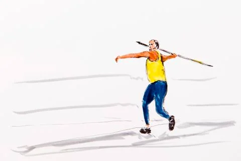Javelin thrower during casting, drawing by the artist gerhard kraus, kriftel, Stock Illustration