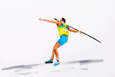 Javelin thrower during casting, drawing by the artist gerhard kraus, kriftel, Stock Illustration