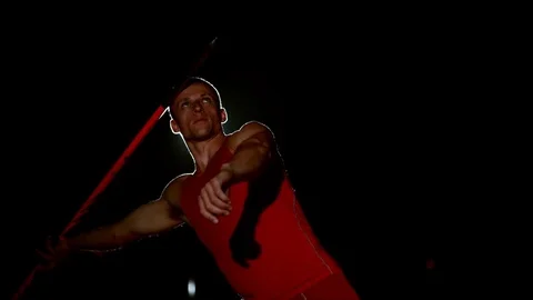 Javelin thrower training inside stadium Stock Footage 80818954