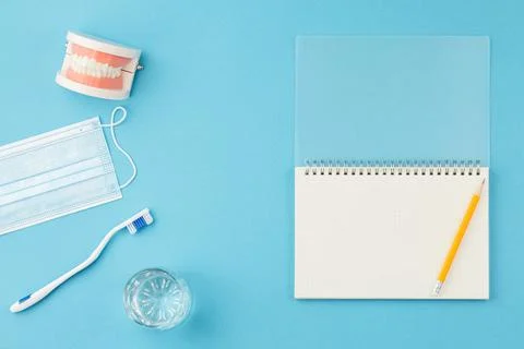 Jaw model with toothbrus and notepad. Dentist desk Foto stock