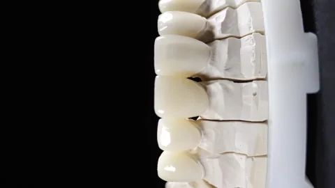 Jaw tooth model video shot on black background. Dental crowns, teeth veneers on Stock Footage 317629462