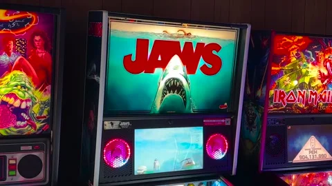 Jaws Pinball Machine - Back Glass -  Minn., MN - March 30, 2024 Stock Footage 271076103
