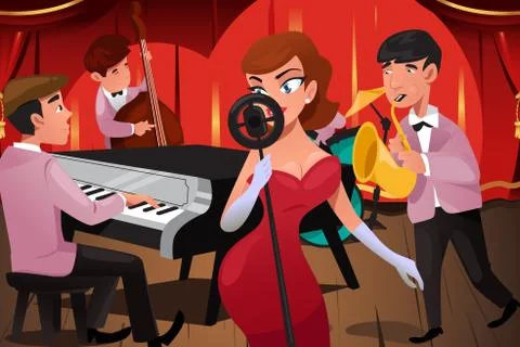 Jazz Band with a Female Singer Stock Illustration