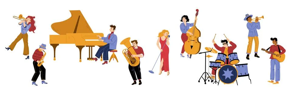 Jazz band vibe, artists performing music on stage Stock Illustration