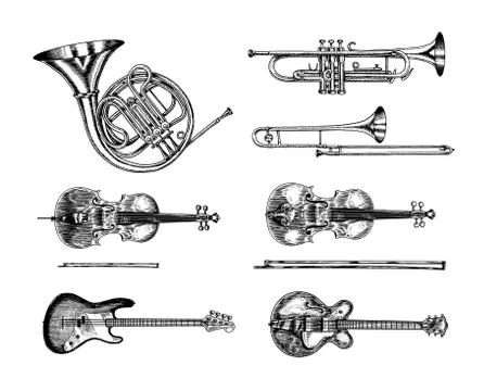 Jazz classical wind and stringed instruments set. Musical Trombone Trumpet Flute Illustrazione stock