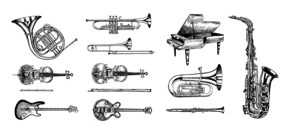 Jazz classical wind instruments set. Musical Trombone Trumpet Flute Bass guitar イラスト素材