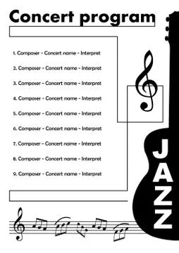 Jazz concert program template with cut out of guitar, treble clef and some notes Stock Illustration