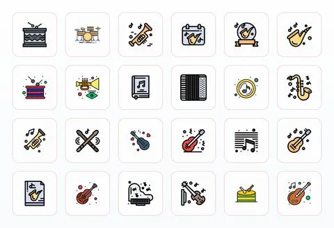 Jazz Digital Vector Pack containing 24 PIXEL Perfect Filled Line Retina Rea.. Stock Illustration