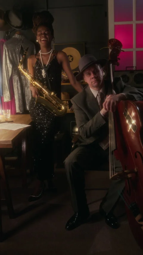 Jazz Duo Posing Backstage Vertical Stock Footage 312237833