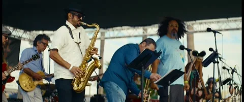 Jazz Horn Players Pause and Move Beside Stage Microphones Видео 344815141