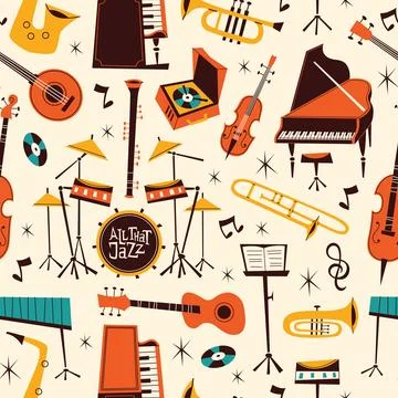 Jazz live music seamless pattern. Repeated musical instruments, comic shapes Stockillustratie