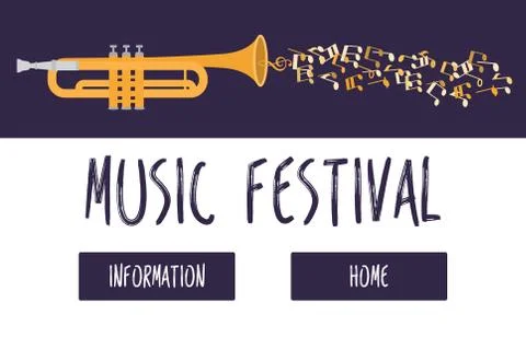 Jazz music festival or concert vector web template. Trumphet with music notes on Stock Illustration