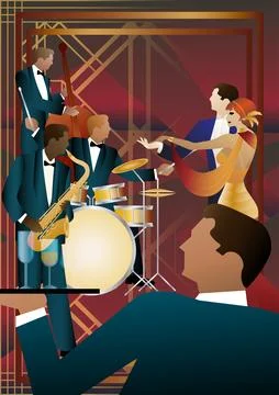 Jazz musicians and dancers on a universal background. Stock Illustration