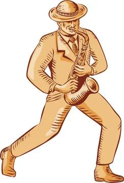 Jazz Player Playing Saxophone Etching Etching engraving handmade style ill... Stock Photos