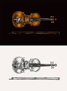 Jazz violin and bow in monochrome engraved vintage style. Hand drawn fiddle Stock Illustration