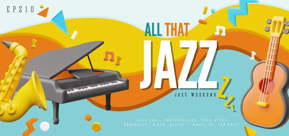 Jazz weekend 3D plastic style banner vector design, acoustic guitar, classical Stock Illustration