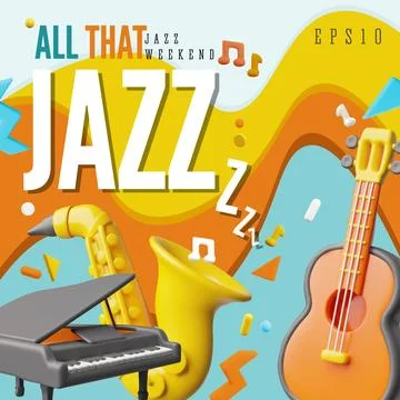Jazz weekend 3D plastic style poster vector design, acoustic guitar, classical Stock Illustration