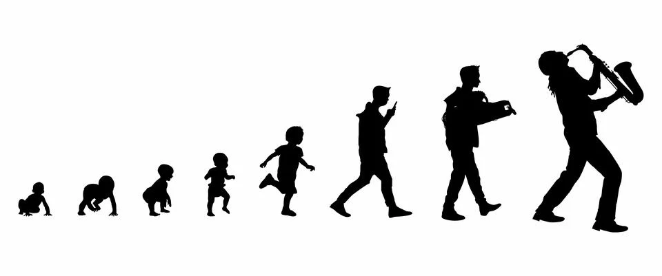Jazzman evolution. From toddler to child, through teenager and adult.  v. J1 Ilustración de archivo
