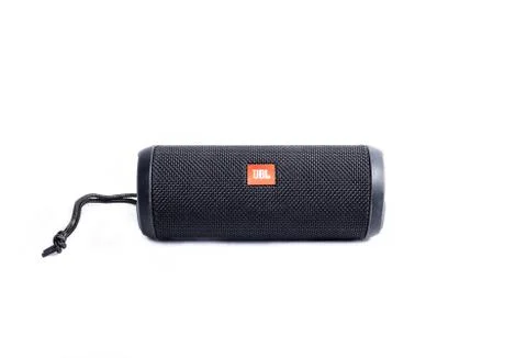 JBL bluetooth wireless portable speaker on a white background Stock Photos