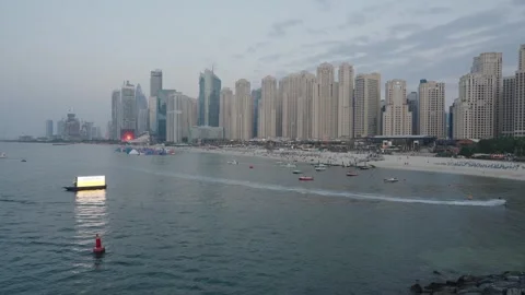 JBR Beach Dubai view from Bluewaters pedestrian bridge at night Video stock 331728414