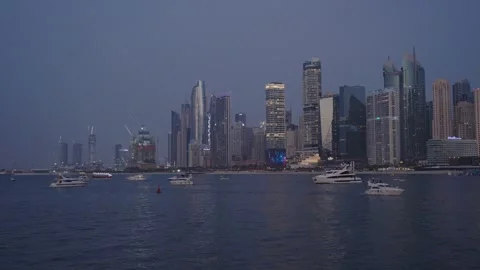 JBR Beach Dubai view from Bluewaters pedestrian bridge at night, UAE Stock-Footage 331728457