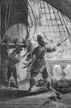 Jean bart ties his son to the mizzen mast and commands fire fire everywhere.. Stock Illustration